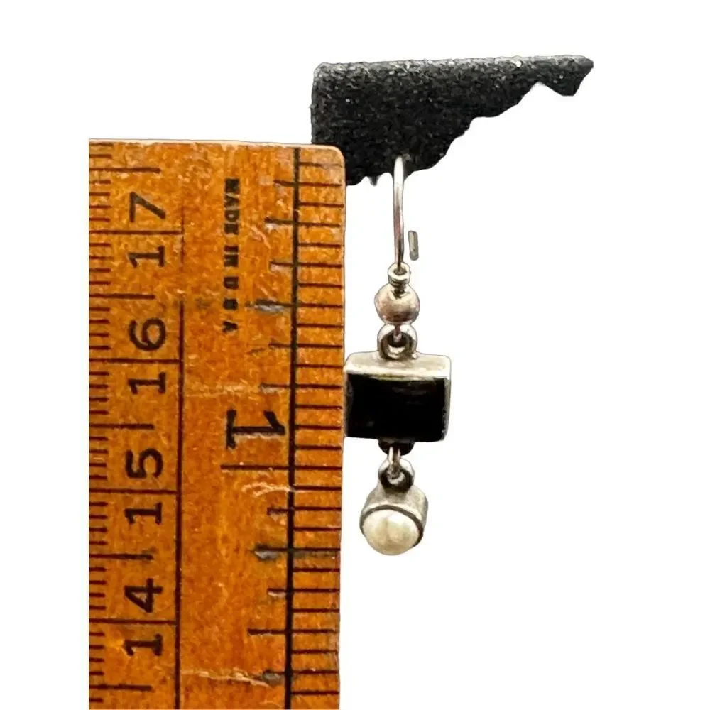Sterling Silver Dangle Earrings Square Black Onyx with dangle faux pearl cabocho